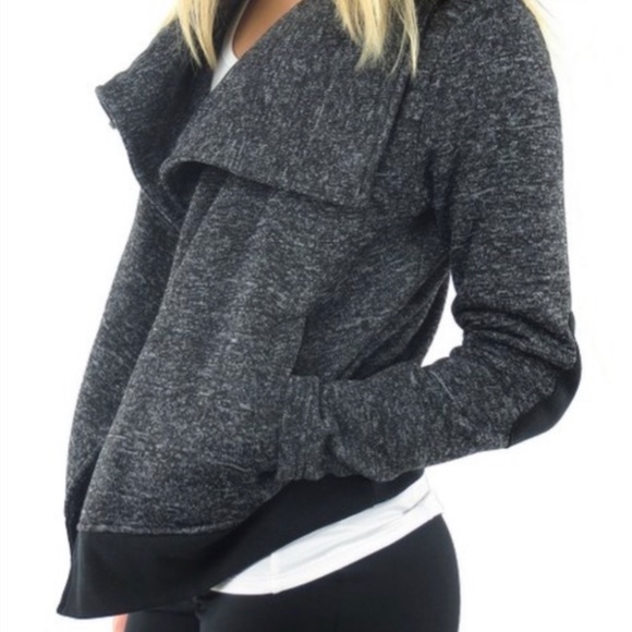 Charcoal Gray Fleece Moto sweatshirt shacket w/ black elbow patches & waistband - Picture 1 of 16